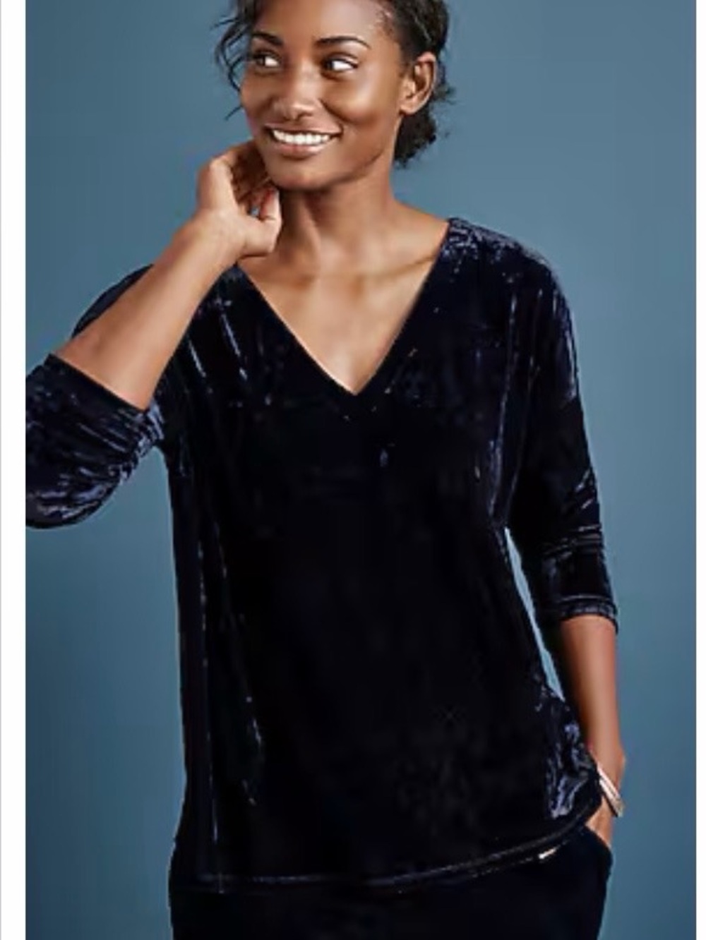 J Jill Pure Jill Relaxed Knit-Velvet V-Neck Top Navy XS Whimsygoth Dark Boho